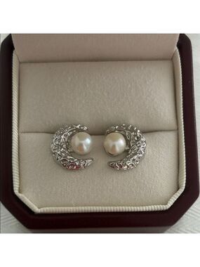 Silver Crescent Pearl Earrings | Sterling Silver Posts | Holiday Gift for Her